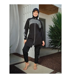 Alfasa Spor Kol Baskılı Tesettür Mayo - ALF26238 (Siyah)
