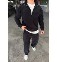Oversize Fermuarlı Dik Yaka Baggy Pantolonlu Polar Takım