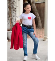 Kız Çocuk Kalp ve Little Baskılı Tişört ve Jean Kırmızı Blazer Ceket Alt Üst Tak