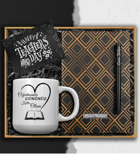 Kişiselleştirilebilir Öğretmenler Gününe Özel Hediye Seti ( Oval Kupa & Gold Defter & Roller Kalem & Not)