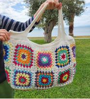 Örgü Çanta, Yazlık Omuz Çantası, Rengarenk Kare Motifli Çanta, Tığ İşi Çanta (Ekru)