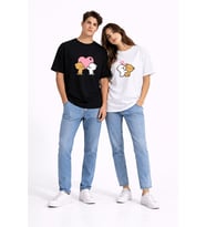 Sevgili Kombini Ayıcık Kalp Baskılı Çift Tişört Oversize Unisex Partner Kombin Seti (Siyah - Beyaz)