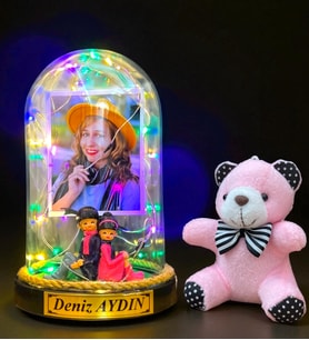 Sizlere Özel Renkli Led Işıklı Biblolu Fanus ve Pembe Peluş Ayıcıklı Anahtarlık (Model 7)