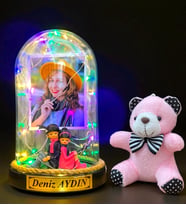 Sizlere Özel Renkli Led Işıklı Biblolu Fanus ve Pembe Peluş Ayıcıklı Anahtarlık (Model 7)