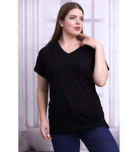 B21399902 Büyük Beden Viskon V Yaka Kısa Kol Bluz SIYAH (Siyah)