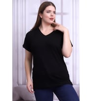 B21399902 Büyük Beden Viskon V Yaka Kısa Kol Bluz SIYAH (Siyah)