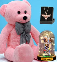 Büyük Boy Pembe Peluş Ayıcık, Size Özel Led Işıklı Fanus ve Zümrüdü Anka Kuşu Kolye (Model 4)