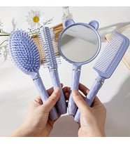 Yastık tarak seti HD ayna ile iğneli fırça plastik kolu kuaför tarak 4 Adet Hediyelik Kutusunda (Mor)