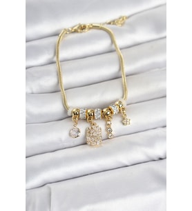 Pirinç Gold Renk Çiçek Detaylı Charmlı Kadın Bileklik 5886 - SSSSSS7568-8309