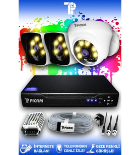 PICAM 3 Kameralı Kare 1 İç Kamera Set HDD'siz Full HD Renkli Gece Görüşlü Güvenlik Kamerası Sistemi