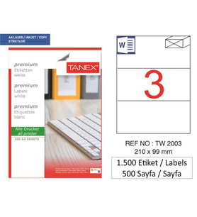 Tanex Lazer Etiket tw-2003 500 A4 Sayfa Laser Etiket 210 x 99 mm Boyutunda 1 A4 Sayfada 3 Etiket