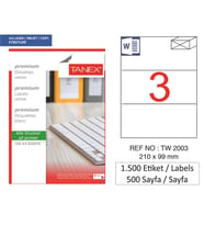 Tanex Lazer Etiket tw-2003 500 A4 Sayfa Laser Etiket 210 x 99 mm Boyutunda 1 A4 Sayfada 3 Etiket