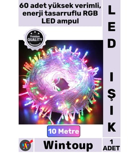 #Led Dekorasyon Aydınlatma Yılbaşı Süsleme Şeffaf Kablo Pilli RGB 2 Kademeli 10 Metre 60 Led Işık