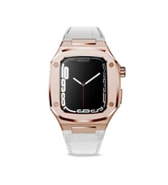 Apple Watch 7 45mm Uyumlu Kordon Deri Kordon Metal Kasa Korumalı Luxury KRD-67 Kayış (Beyaz - Açık Pembe)