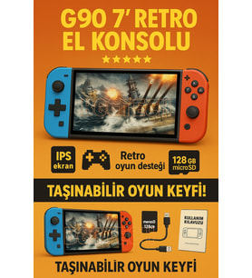 G90 Retro El Konsolu 7” IPS Ekran, 128GB Kart, PS1, NES, Arcade Destekli Oyun Konsolu
