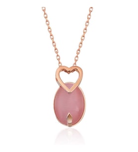 ?Gümüş Pembe Kedi Gözü Taşlı Kalp Kolye