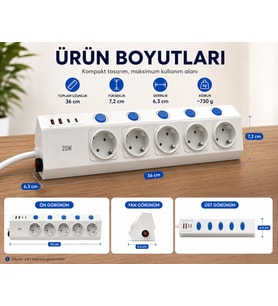 5'li Akım Korumalı Çoklu Priz 2 Metre Kablolu 3680W 16A 5 Bağımsız Anahtarlı 2 USB-A 2 USB-C PD 20W Hızlı Şarj Destekli