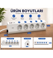 5'li Akım Korumalı Çoklu Priz 2 Metre Kablolu 3680W 16A 5 Bağımsız Anahtarlı 2 USB-A 2 USB-C PD 20W Hızlı Şarj Destekli