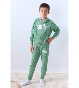 ERKEK ÇOCUK KAPŞONLU EŞOFMAN TAKIMI SMİLE BASKILI RİBANALI F11 (Yeşil)