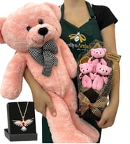 Kişiye Özel 3'lü Peluş Ayıcık Buketi, Renkli Anka Kuşu Kolye ve Pembe Peluş Ayıcık (Model 5)
