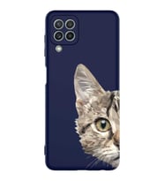 Samsung Galaxy A22 Uyumlu Lansman Kılıf Catface Tasarımlı İçi Kadife Kapak-Lacivert (Şeffaf)