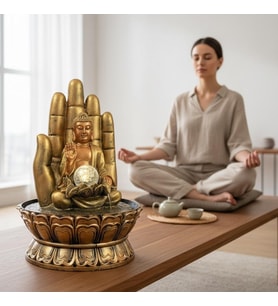 Dekoratif Büyük Boy Buda El Figürlü Masaüstü Şelale LED Işıklı Zen Su Çeşmesi Meditasyon Dekoru 40cm