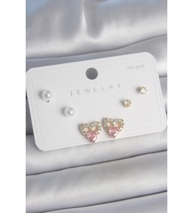 Pirinç Gold Renk Pembe Zirkon Taşlı Kalp Model İnci Detay 925 Ayar Kadın Küpe - SSSSSS5493-8