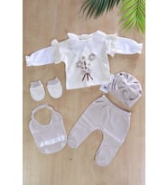 Kız Bebek Kahverengi 5 Li Fistolu Dantelli Lüks Hastane Çıkışı Seti STL6471