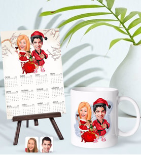 BK Gift Kişiye Özel Sevgililer Yılbaşı Karikatürlü Kupa Bardak ve 13x18cm Fotoğraf Kartlı Şövaleli 2024 Takvim Hediye Seti-5