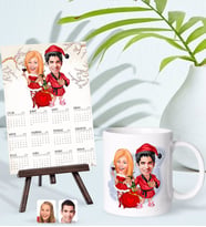 BK Gift Kişiye Özel Sevgililer Yılbaşı Karikatürlü Kupa Bardak ve 13x18cm Fotoğraf Kartlı Şövaleli 2024 Takvim Hediye Seti-5