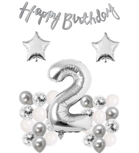Gümüş Konsept Yaş Doğum Günü Seti Beyaz Gümüş Konfetili Balon Rakam Yıldız Folyo