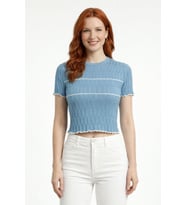 Dikdörtgen Desenli Marul Kenar Crop Triko Bluz