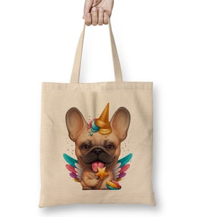 Fawn French Bulldog Ice Cream Unicorn 01 Bez Çanta Uzun Saplı