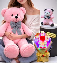 Pembe Büyük Peluş Ayıcık, Kişiye Özel Led Işıklı Buket ve Anahtarlık Seti (Model 1)