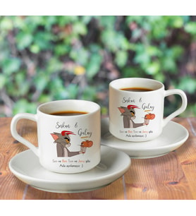 Sevgili (Tom & Jerry) Tasarımlı İkili Türk Kahvesi Fincanı Seti Kişiye Özel
