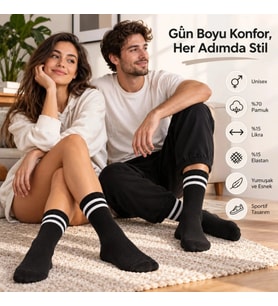 Giyim Siyah Çorap Beyaz Çizgili 3'lü Set Unisex Uzun Soket Günlük Spor Rahat Kolej Stil Çorap Seti