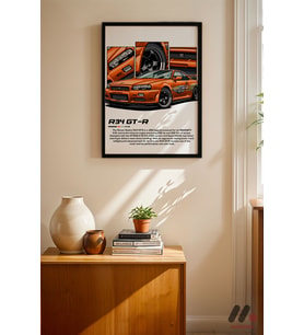 Nissan Skyline R34 GT-R Turuncu JDM Poster, Siyah Çerçeveli Duvar Tablosu - Oto