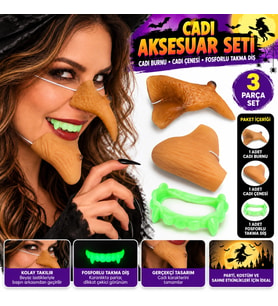 Lastikli Cadı Burnu, Cadı Çenesi ve Fosforlu Takma Diş Seti – 3 Parça