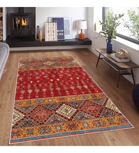 Bordo Zemin Geometrik Desenli Yıkanabilir Kaymaz Taban Leke Tutmaz Modern Salon Halısı ve Yolluk (Turuncu)