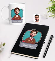 BK Gift Kişiye Özel Erkek Öğretmen Karikatürlü Siyah Defter Kalem Kupa Seti - 3