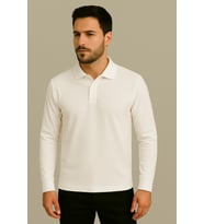 Regular Fit %100 Pamuk Polo Yaka Uzun Kollu Basic T-Shirt (Beyaz)