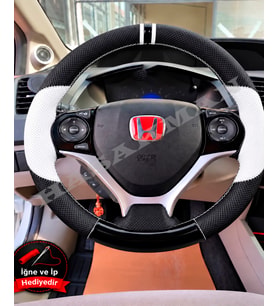 Honda Civic FB7 Dikme Direksiyon Kılıfı Delikli Deri Parlak Siyah Beyaz Detay Çift Yüzük ve Dikiş 2012-2016