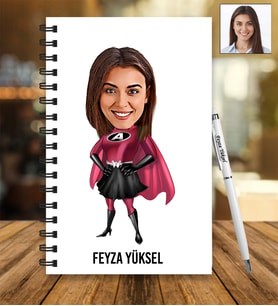 Kişiye Özel Süper Kadın Tasarımlı Karikatür Ahşap Defter Ve Kalem Seti 80