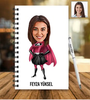Kişiye Özel Süper Kadın Tasarımlı Karikatür Ahşap Defter Ve Kalem Seti 80