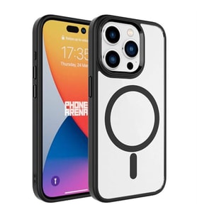 Coverzone iPhone 15 Pro ile uyumlu K?l?f Wireless ?arj �zellikli Metal buton Z-Krom MagSafe ile uyumlu ?effaf Transparan Double Color Silikon Kapak Siyah