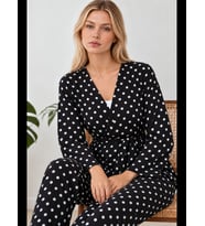 Night Pembe Kadın Desenli Ev Stili Kuşaklı Pijama Takımı 4808