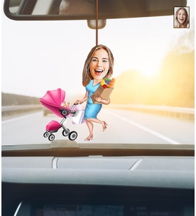 Kişiye Özel Karikatürlü Anne-Bebek Ahşap Araba Dikiz Ayna Süsü