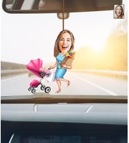 Kişiye Özel Karikatürlü Anne-Bebek Ahşap Araba Dikiz Ayna Süsü