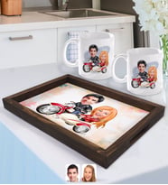 BK Gift Kişiye Özel Sevgililer Karikatürlü Doğal Ahşap Tepsi ve 2’li Kupa Bardak Seti-12