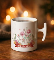 BK Gift Kişiye Özel İsimli Çiçek Tasarımlı Hammer Kulplu Beyaz Kupa Bardak-16, Arkadaşa Hediye, Sevgiliye Hediye, Doğum Günü Hediyesi